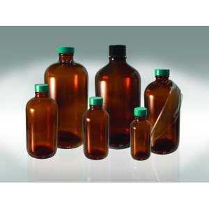 Amber Glass Safety Coated Boston Round Bottles. PTFE Lined Caps