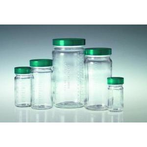 Clear Glass Medium Round Beaker Bottles, Graduated. PTFE Lined Caps
